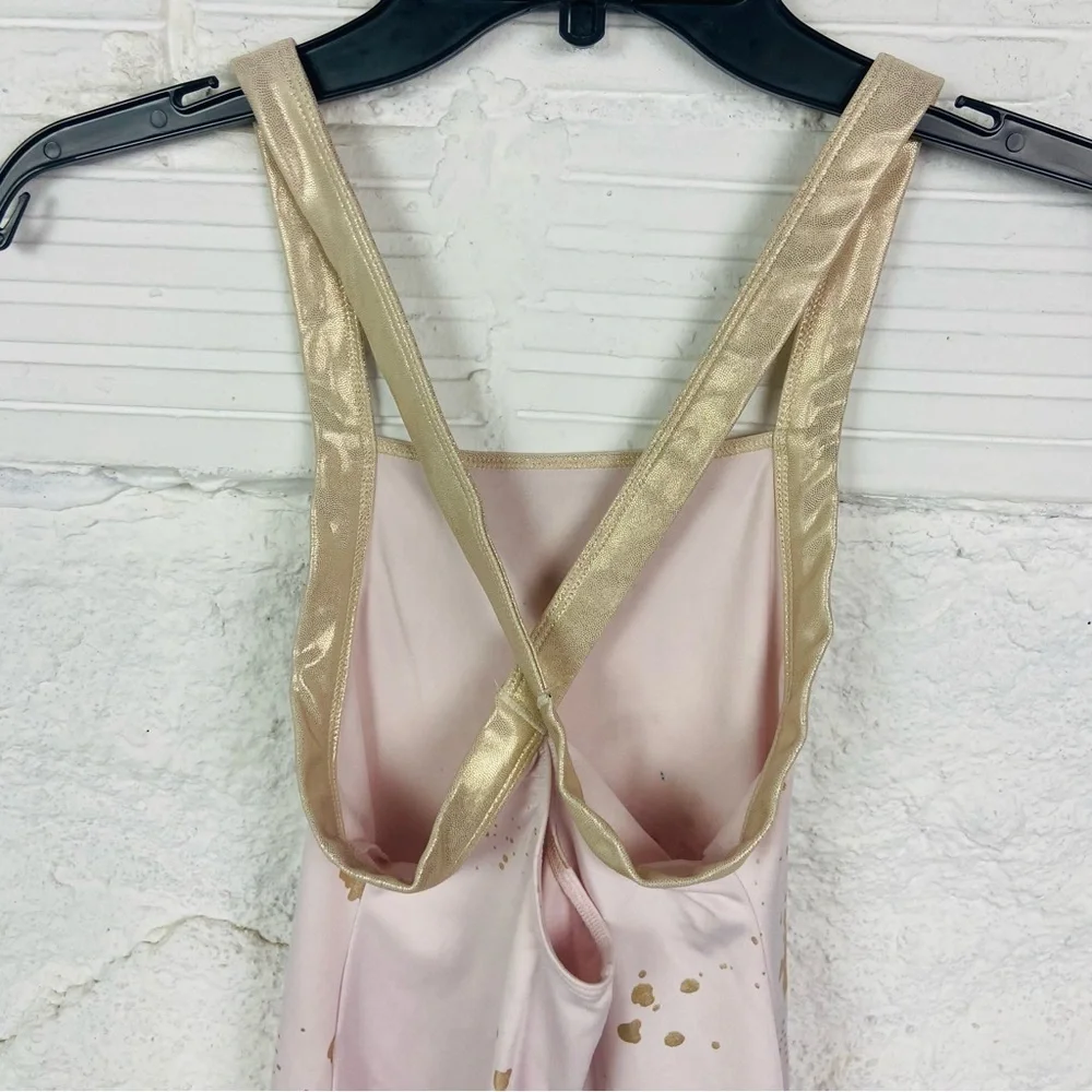 Justice light pink and golden splatter print stretch gymnastics, Roper onesie XL